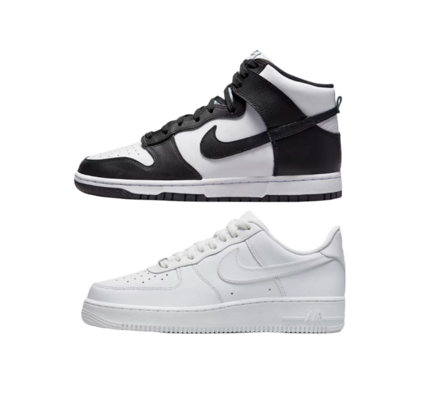 Black white dunk high and white Airforce 1 sneakers with Nike logo on a white background